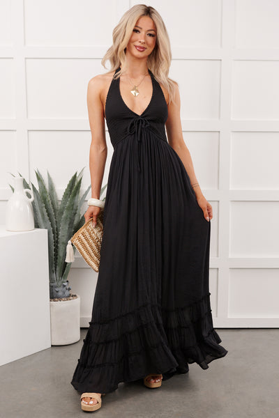 Hint Of Honey Halter Neck Maxi Dress (Black)