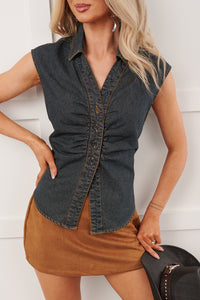 Canyon Cowgirl Sleeveless Button Up Denim Top (Dark Blue)