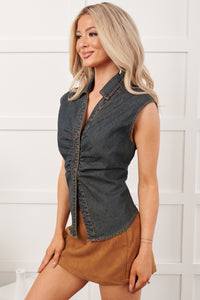 Canyon Cowgirl Sleeveless Button Up Denim Top (Dark Blue)