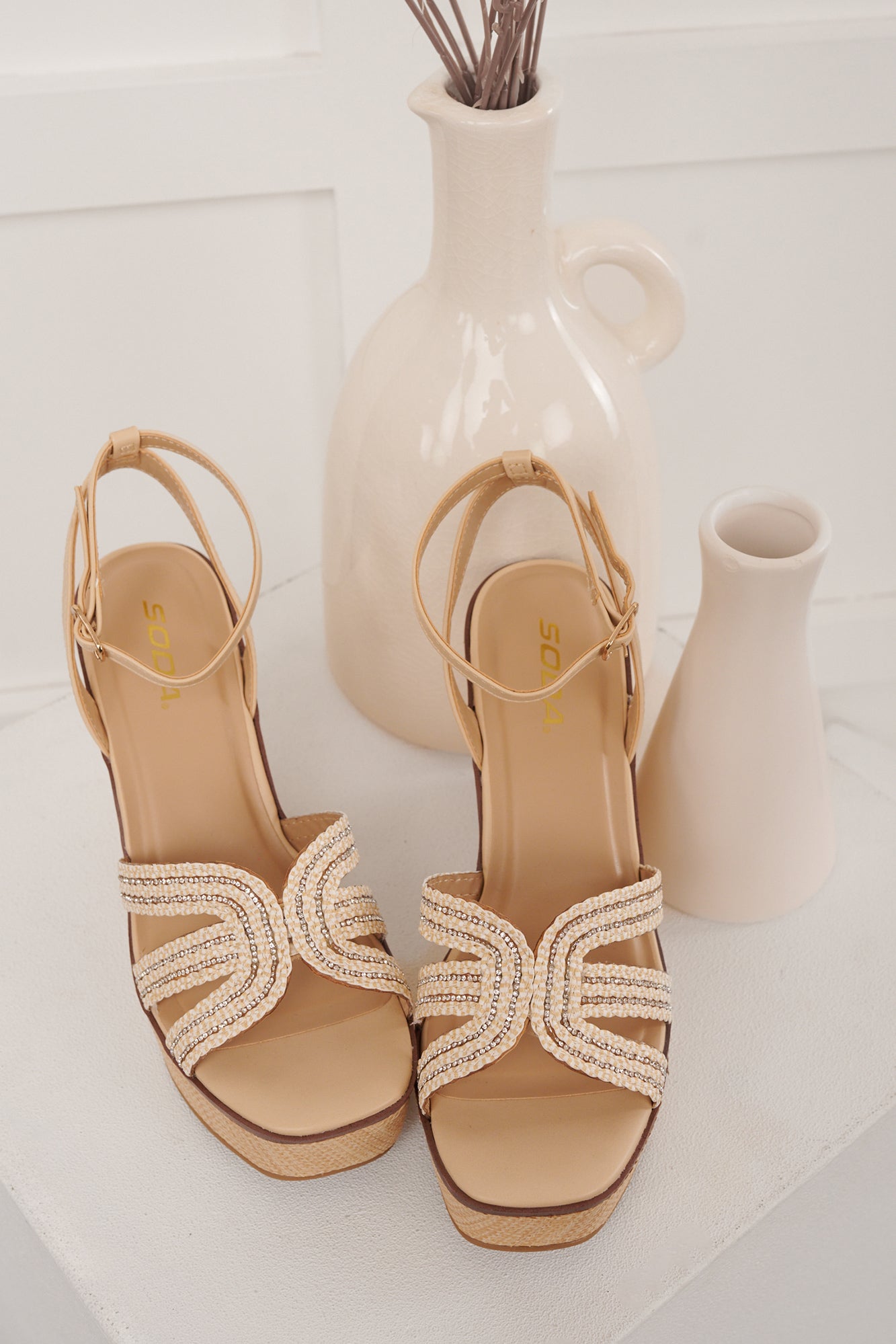 Glitter & Glances Rhinestone Strap Raffia Wedges (Light Beige)