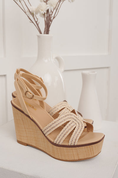 Glitter & Glances Rhinestone Strap Raffia Wedges (Light Beige)