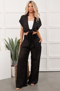 You're The Boss Tie Front Top And Smocked Pants Set (Black) - NanaMacs