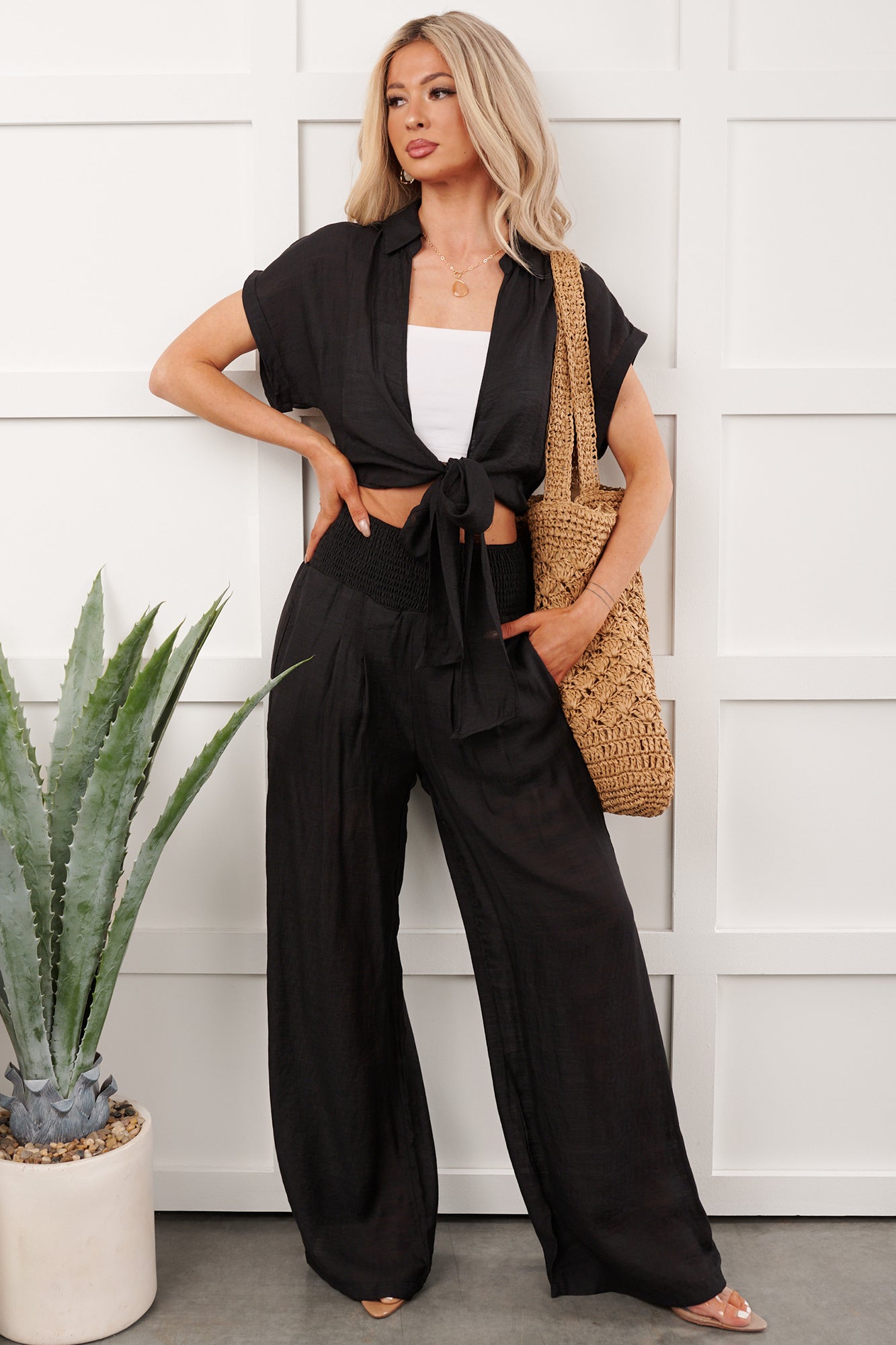 You're The Boss Tie Front Top And Smocked Pants Set (Black) - NanaMacs