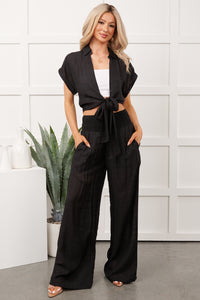 You're The Boss Tie Front Top And Smocked Pants Set (Black) - NanaMacs