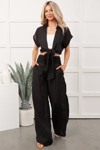 You're The Boss Tie Front Top And Smocked Pants Set (Black) - NanaMacs