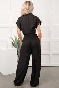 You're The Boss Tie Front Top And Smocked Pants Set (Black) - NanaMacs