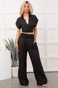 You're The Boss Tie Front Top And Smocked Pants Set (Black) - NanaMacs