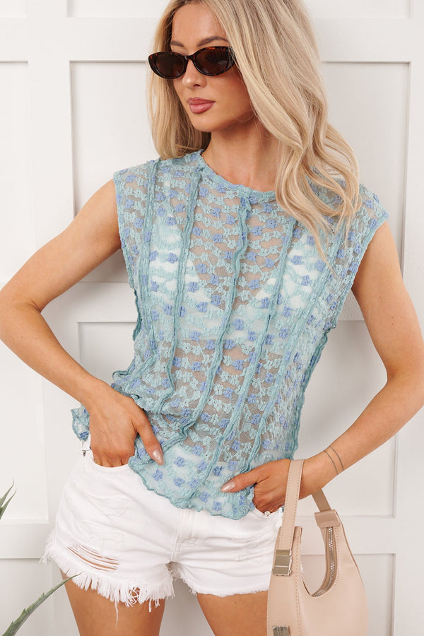 Moonlight Crush Sheer Floral Lace Top (Blue Multi)