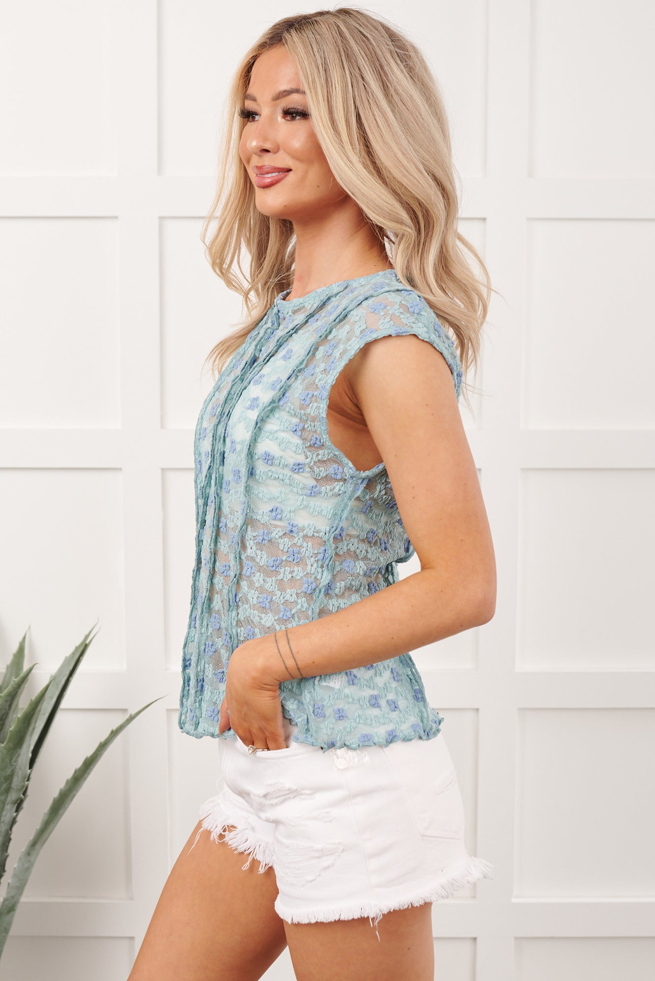 Moonlight Crush Sheer Floral Lace Top (Blue Multi) - NanaMacs