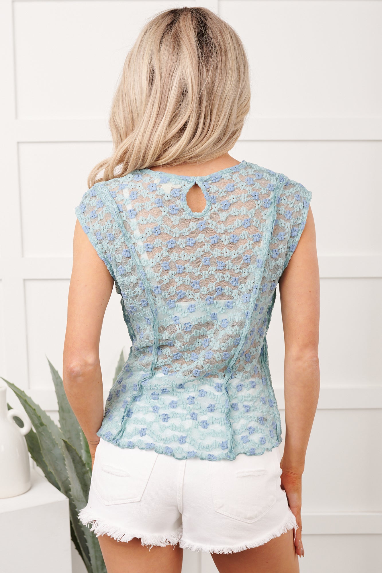 Moonlight Crush Sheer Floral Lace Top (Blue Multi) - NanaMacs