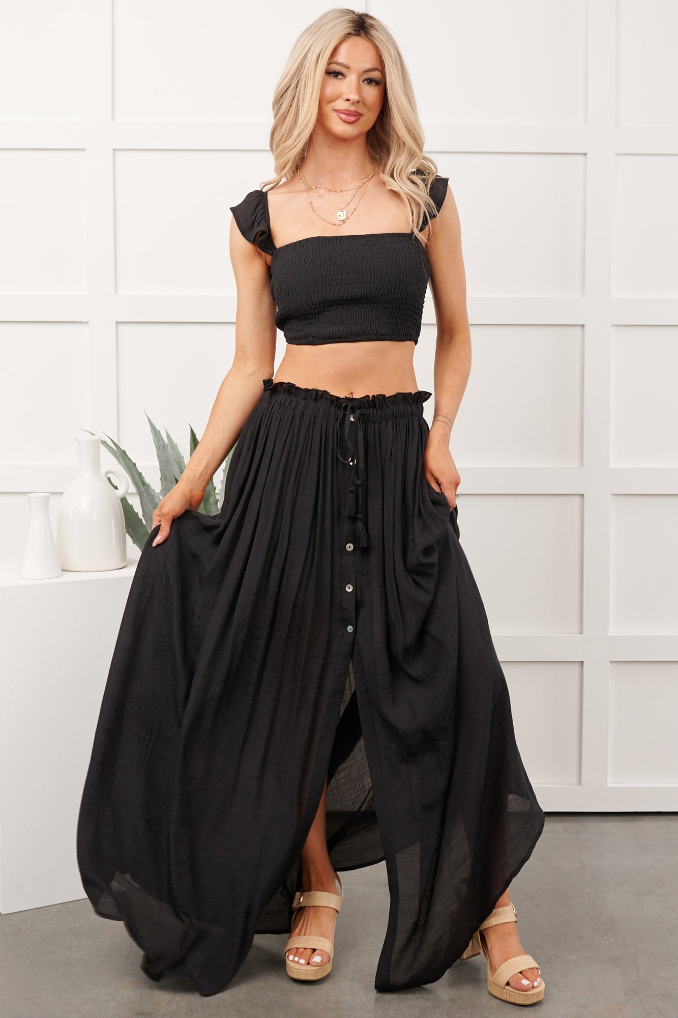 Easy Grace Crop Top & Maxi Skirt Set (Black)