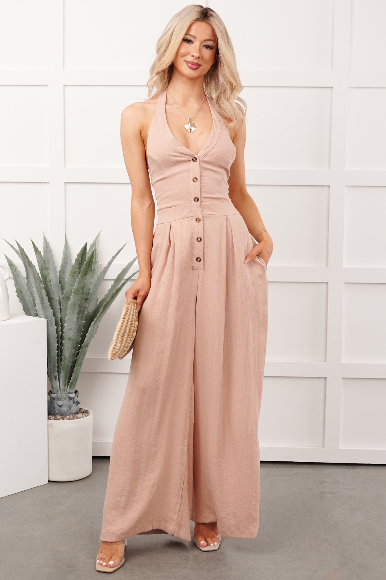 Sweet Like Spring Halter Neck Jumpsuit (Peach Blush) - NanaMacs