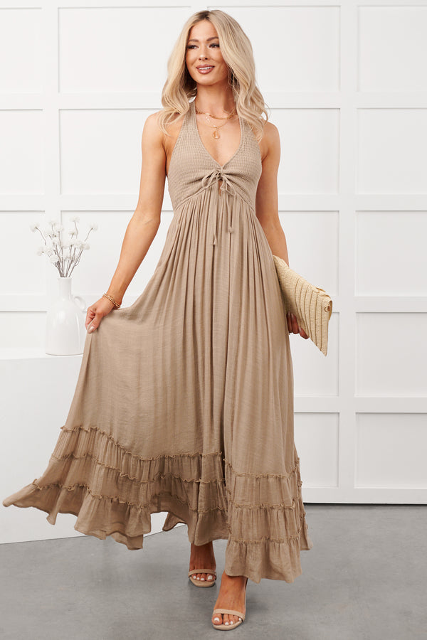 Hint Of Honey Halter Neck Maxi Dress (Taupe) - NanaMacs