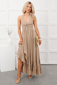 Hint Of Honey Halter Neck Maxi Dress (Taupe) - NanaMacs