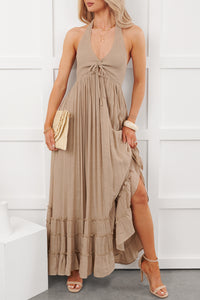 Hint Of Honey Halter Neck Maxi Dress (Taupe) - NanaMacs