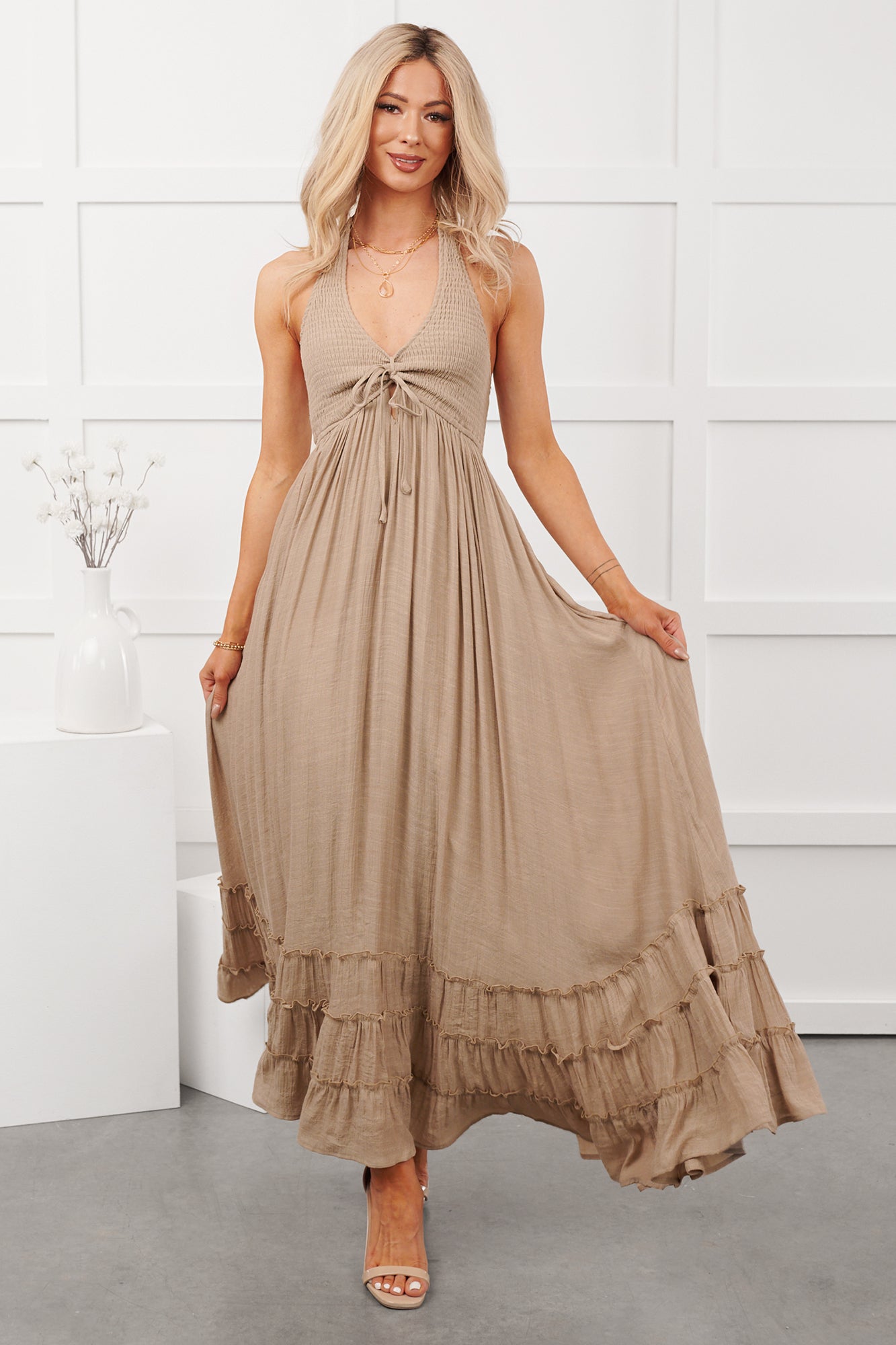 Hint Of Honey Halter Neck Maxi Dress (Taupe) - NanaMacs