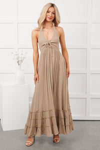 Hint Of Honey Halter Neck Maxi Dress (Taupe) - NanaMacs
