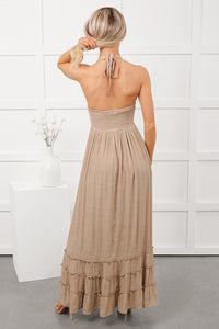 Hint Of Honey Halter Neck Maxi Dress (Taupe) - NanaMacs
