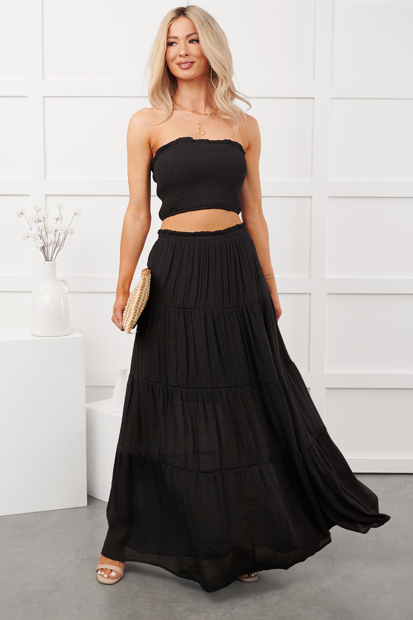Stay Simple Smocked Bandeau & Maxi Skirt Set (Black) - NanaMacs