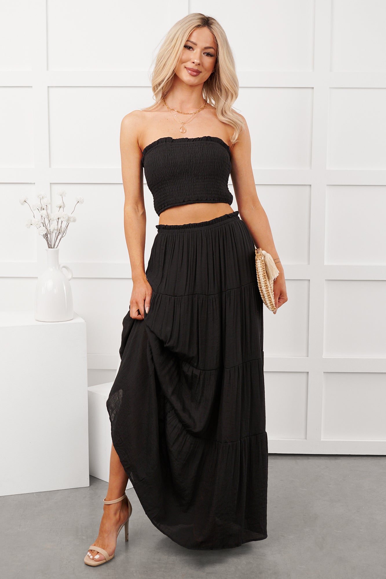 Stay Simple Smocked Bandeau & Maxi Skirt Set (Black) - NanaMacs