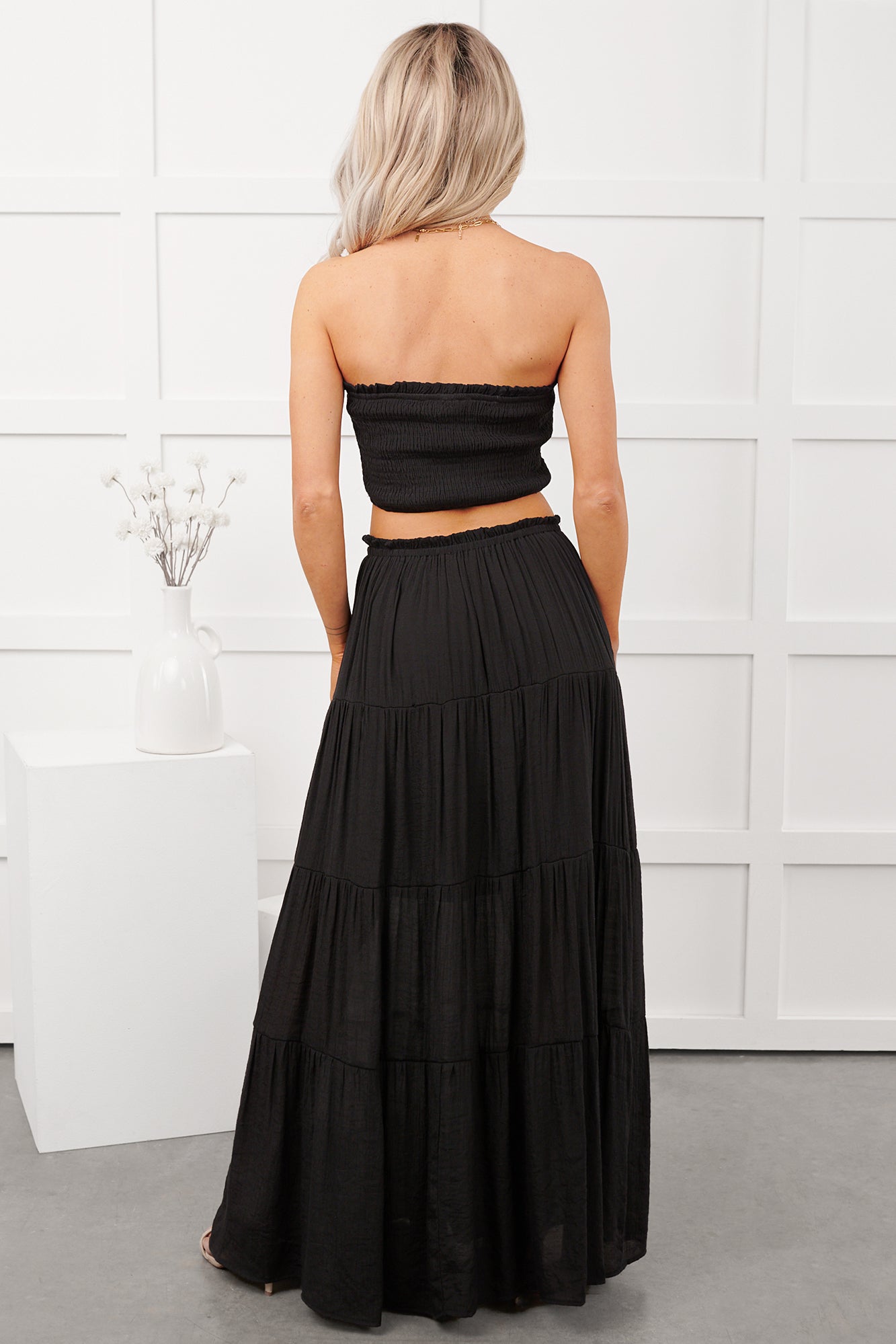 Stay Simple Smocked Bandeau & Maxi Skirt Set (Black) - NanaMacs