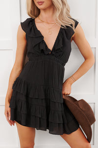 Buttercup Babe Deep V-Neck Ruffle Mini Dress (Black) - NanaMacs