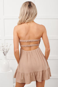 Sunshine Hour Twist Front Strapless Mini Dress (Light Brown) - NanaMacs