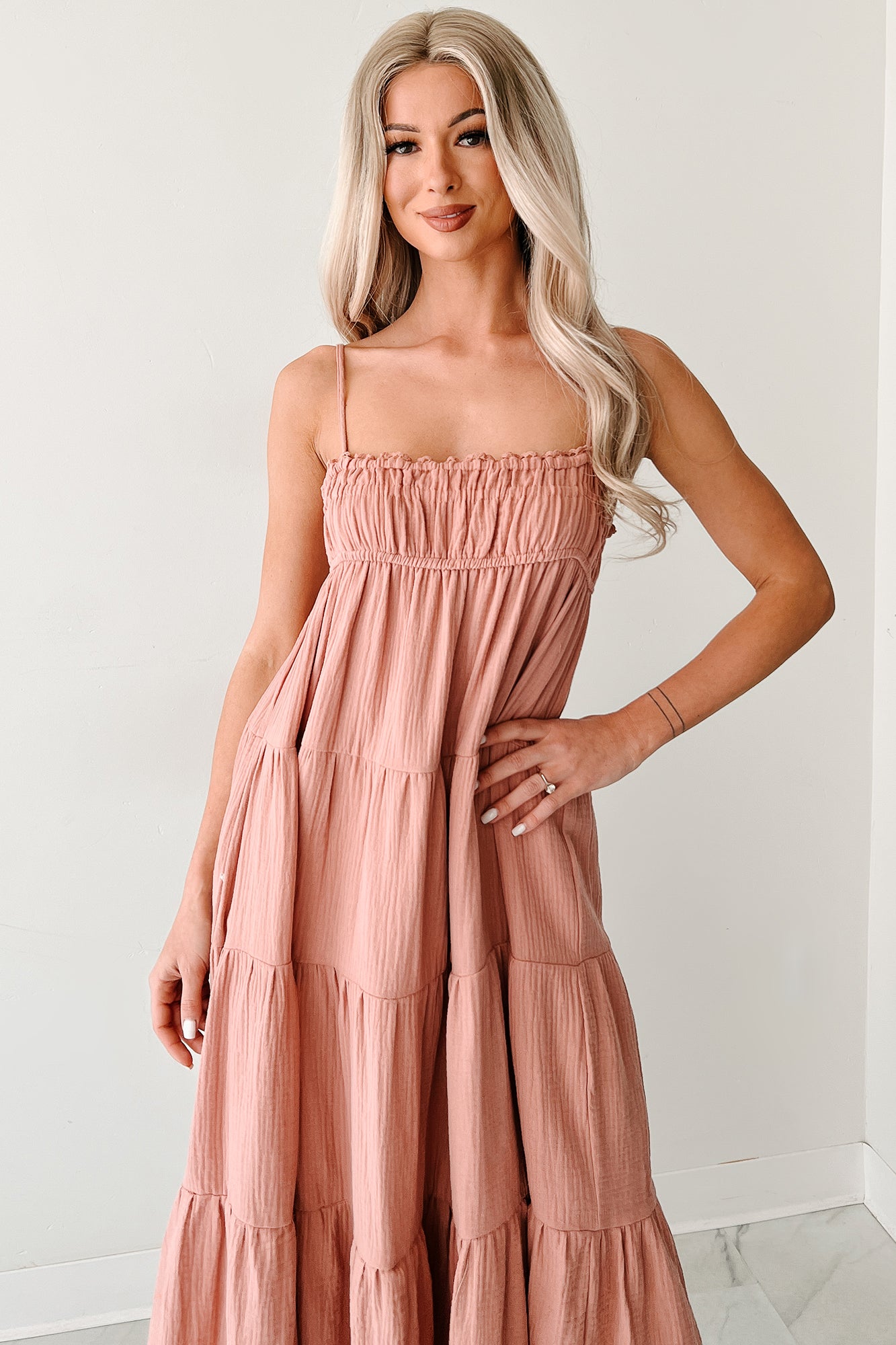 Twilight Glow Sleeveless Tiered Maxi Dress (Clay)