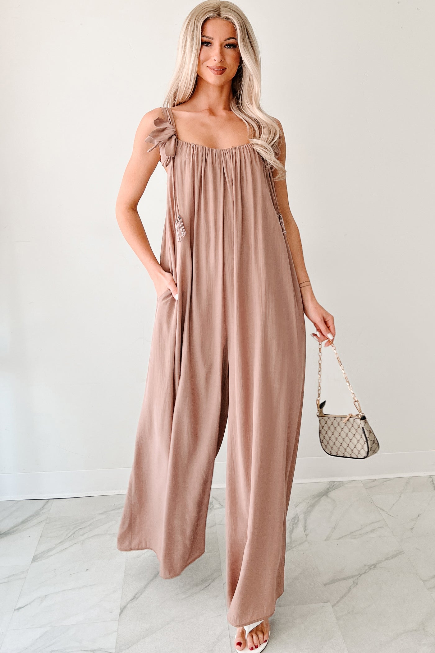 Women's Elegance In Motion Sleeveless Flowy Jumpsuit In Mocha - Size S Women's Elegance In Motion Sleeveless Flowy Jumpsuit In Mocha - Size S
