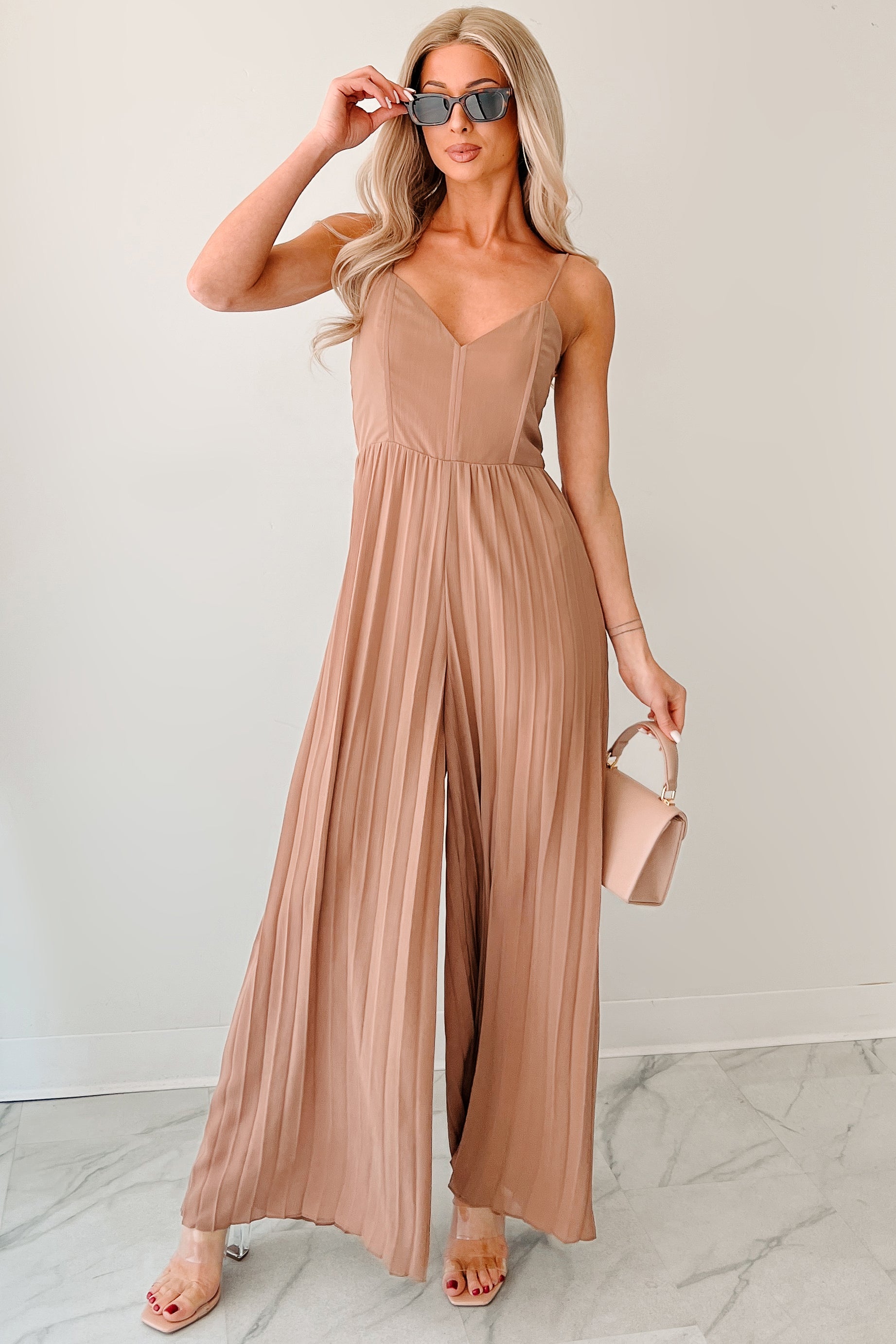 Ambition In Action Pleated Corset Jumpsuit (Taupe) · NanaMacs