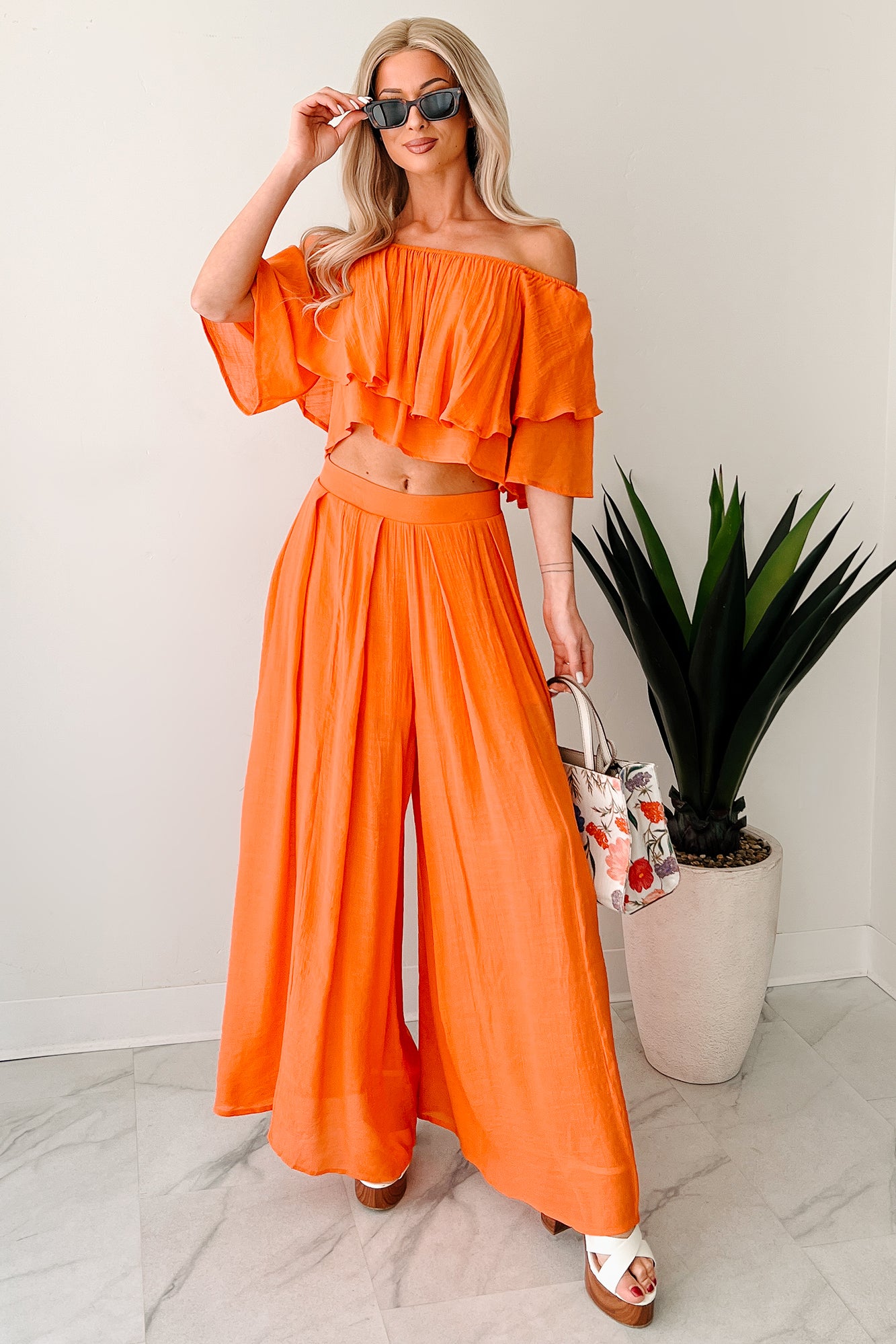 Stay Grounded Off Shoulder Flowy Pant Set (Orange) · NanaMacs