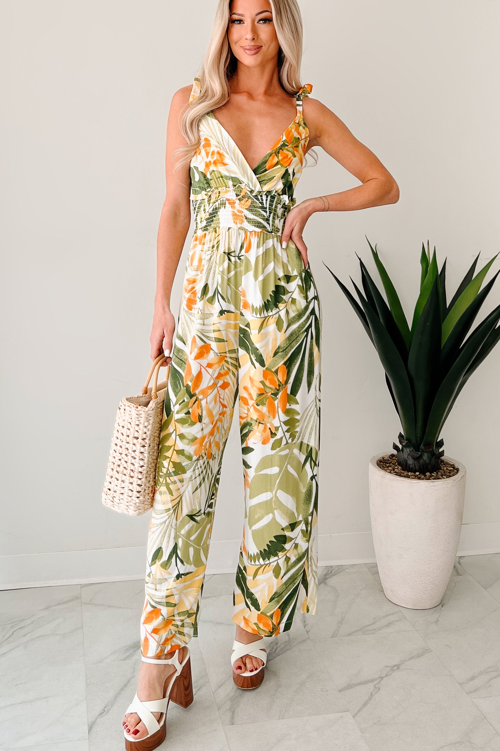 Flirt With Life Smocked Tropical Jumpsuit (Ivory/Green) · NanaMacs