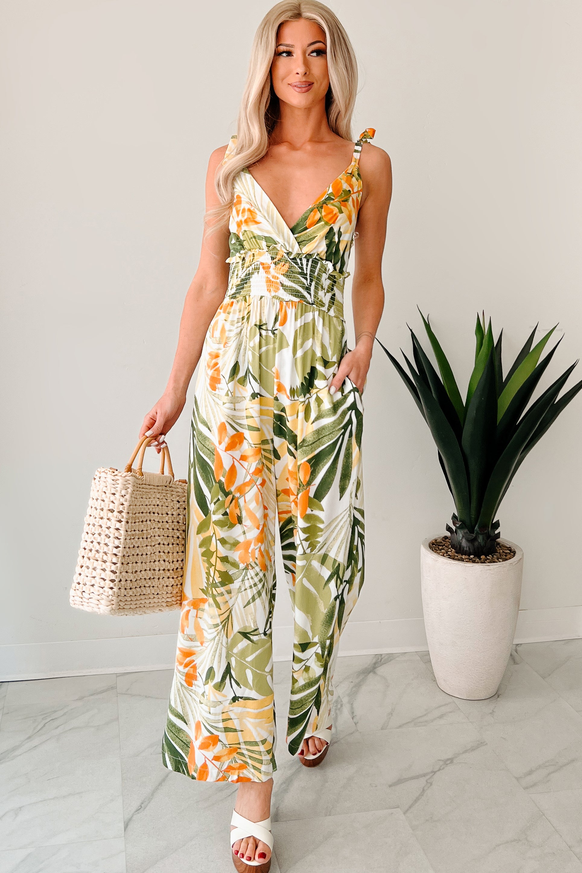 Flirt With Life Smocked Tropical Jumpsuit (Ivory/Green) · NanaMacs