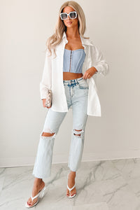 Deadline Hustle Long Sleeve Collared Top (White) - NanaMacs