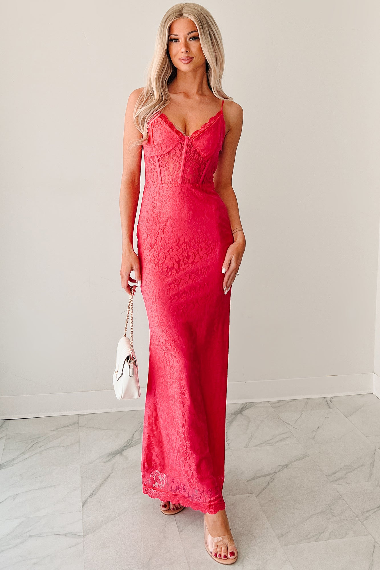 Women's Glow Loudly Corset Sleeveless Lace Maxi Dress in Hot Pink - Size L Women's Glow Loudly Corset Sleeveless Lace Maxi Dress in Hot Pink - Size L