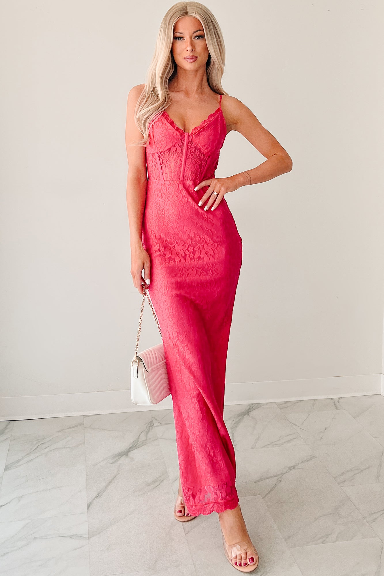 Women's Glow Loudly Corset Sleeveless Lace Maxi Dress in Hot Pink