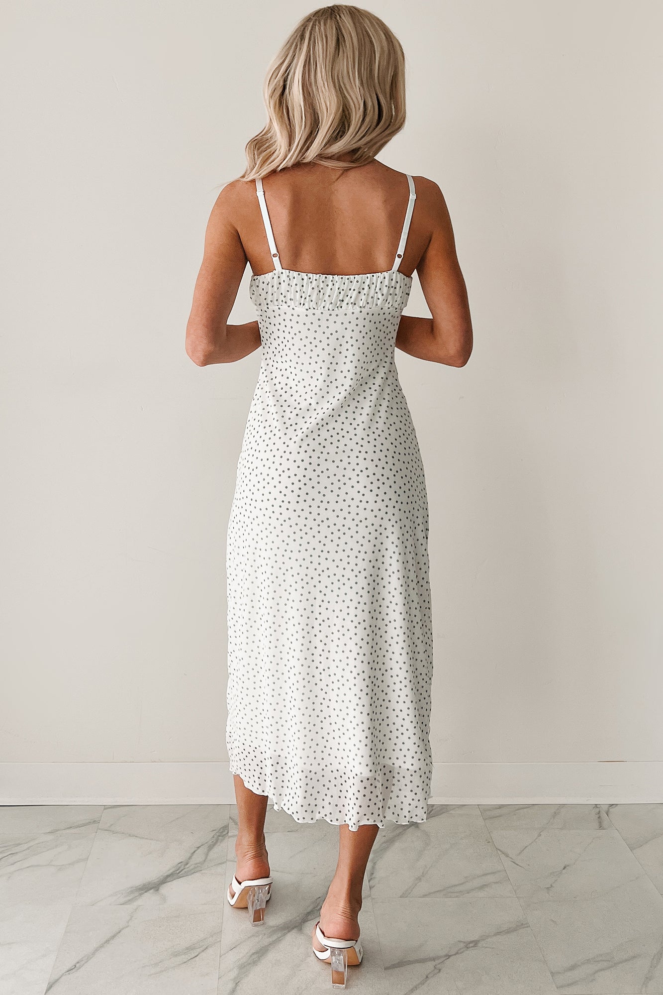 Women's Just One Smile Polka Dot Midi Dress in Ivory/Olive
