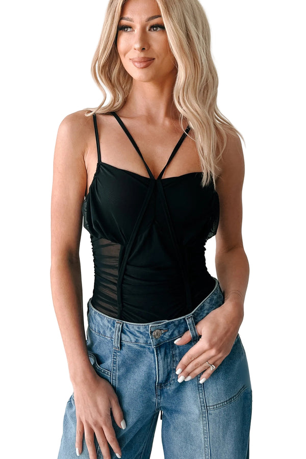 Wild & Weightless Ruched Mesh Bodysuit (Black) - NanaMacs