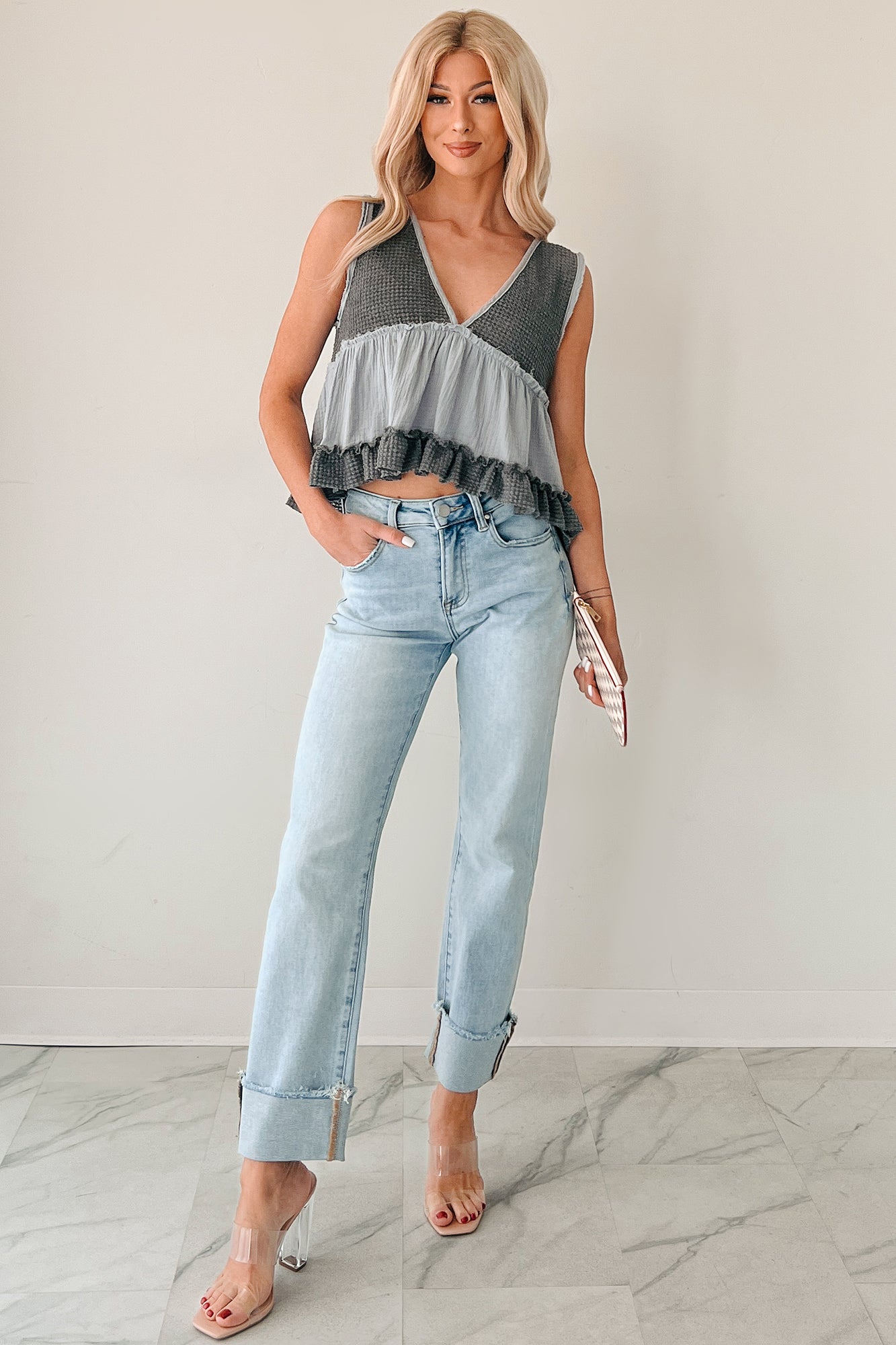 Midsummer Dream Babydoll Ruffle POL Top (Deep Charcoal)