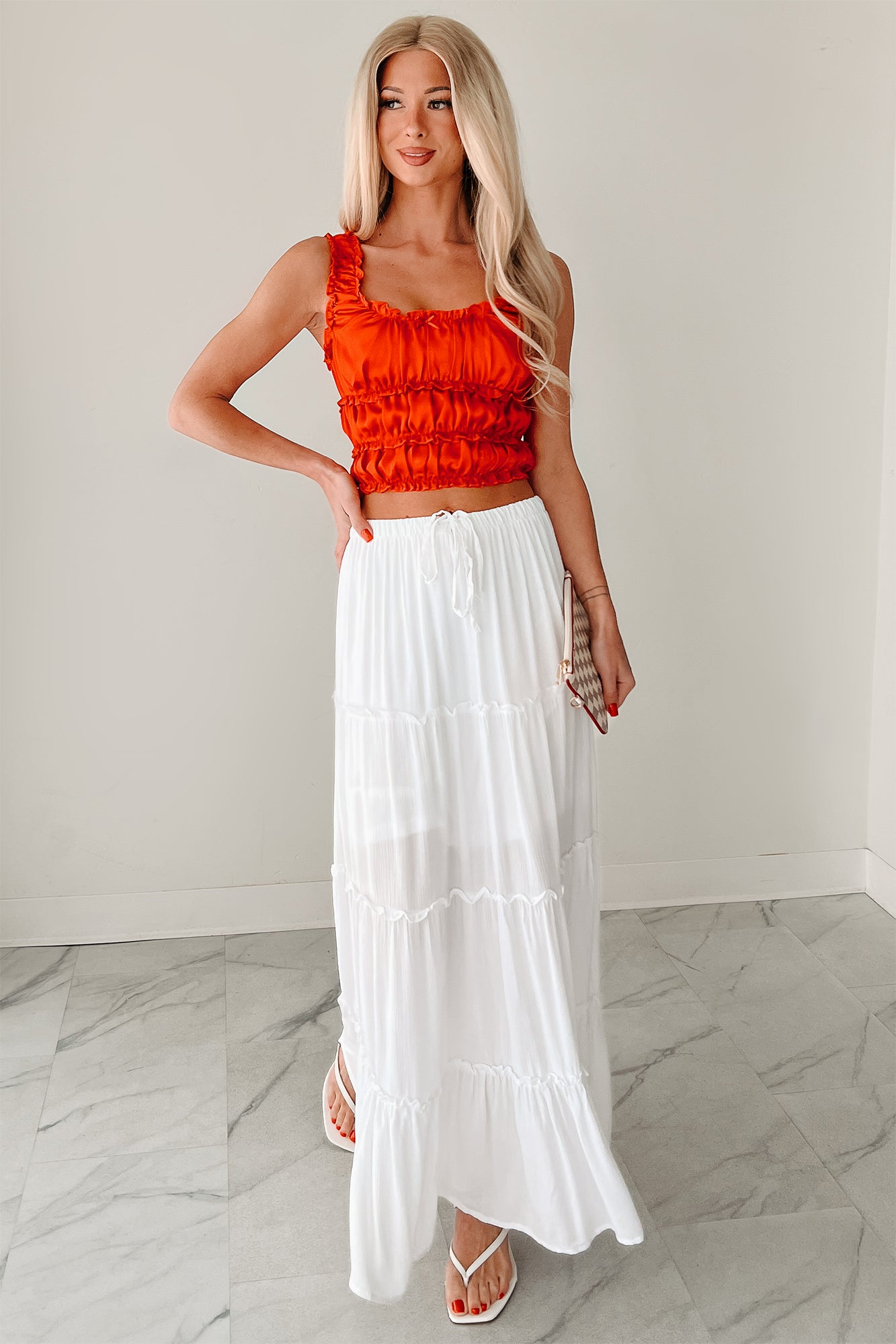 Luxe On Loop Ruched Satin Sleeveless Top (Tomato) · NanaMacs