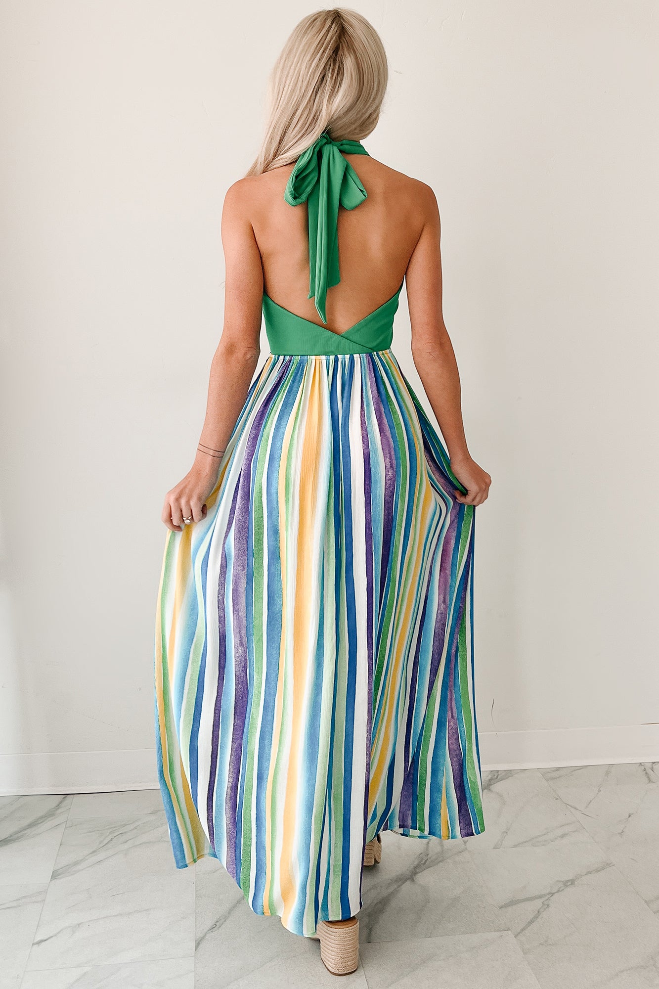 Beauty Awaits Striped Halter Maxi Dress (Green) - Ships by 6