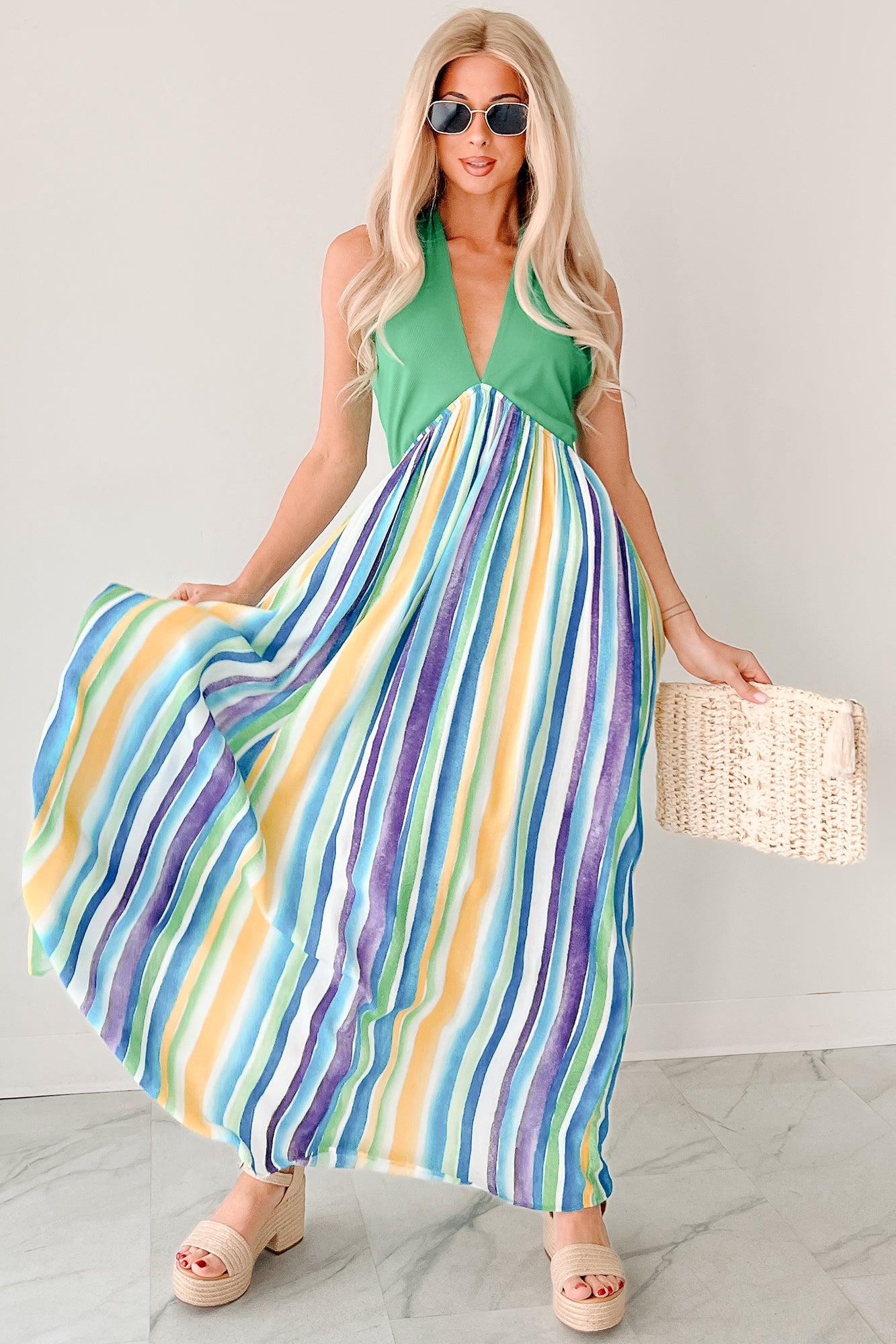 Beauty Awaits Striped Halter Maxi Dress (Green) - Ships by 6