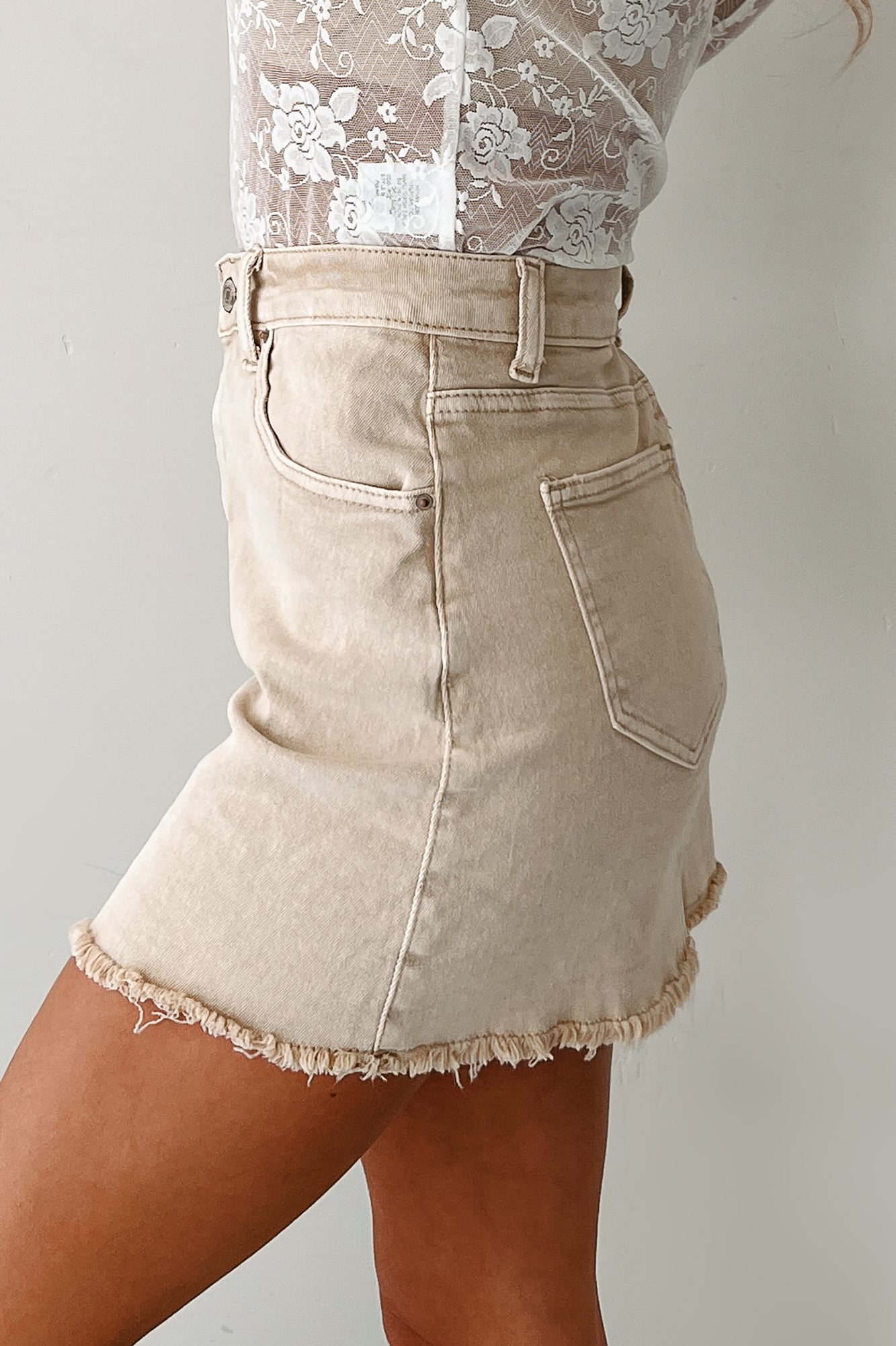 Feeling Social Zenana Denim Mini Skirt (Sand Beige) · NanaMacs