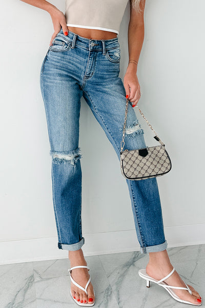 Laurel Mid Rise Judy Blue Distressed Boyfriend Jeans (Medium) - NanaMacs