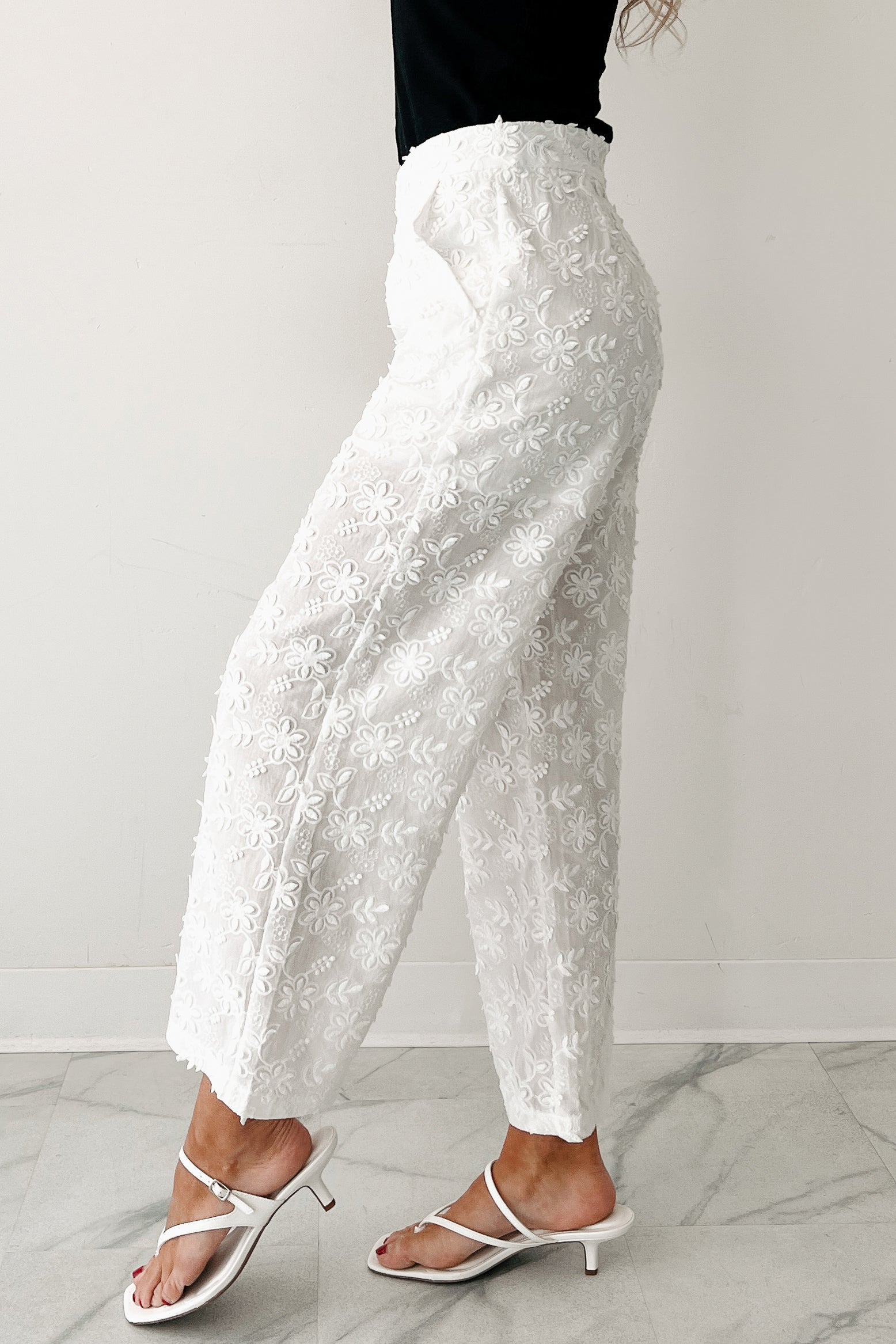 Rise & Shine Floral Embroidered Wide Leg Pants (White