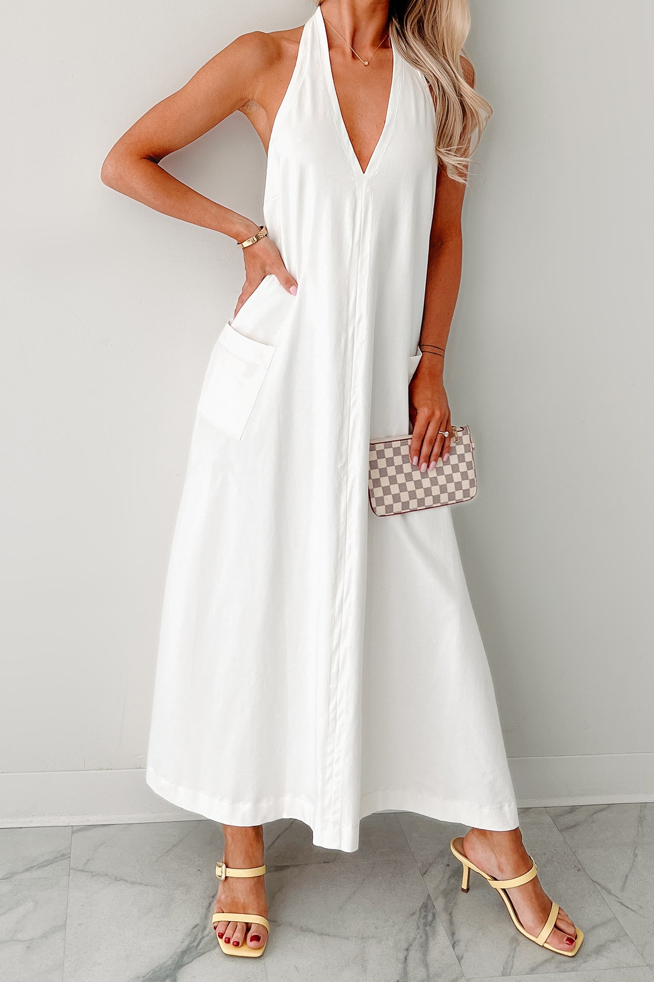 HYFVE Women's Speak Your Truth Halter Maxi Dress in Off White - Size L HYFVE Women's Speak Your Truth Halter Maxi Dress in Off White - Size L