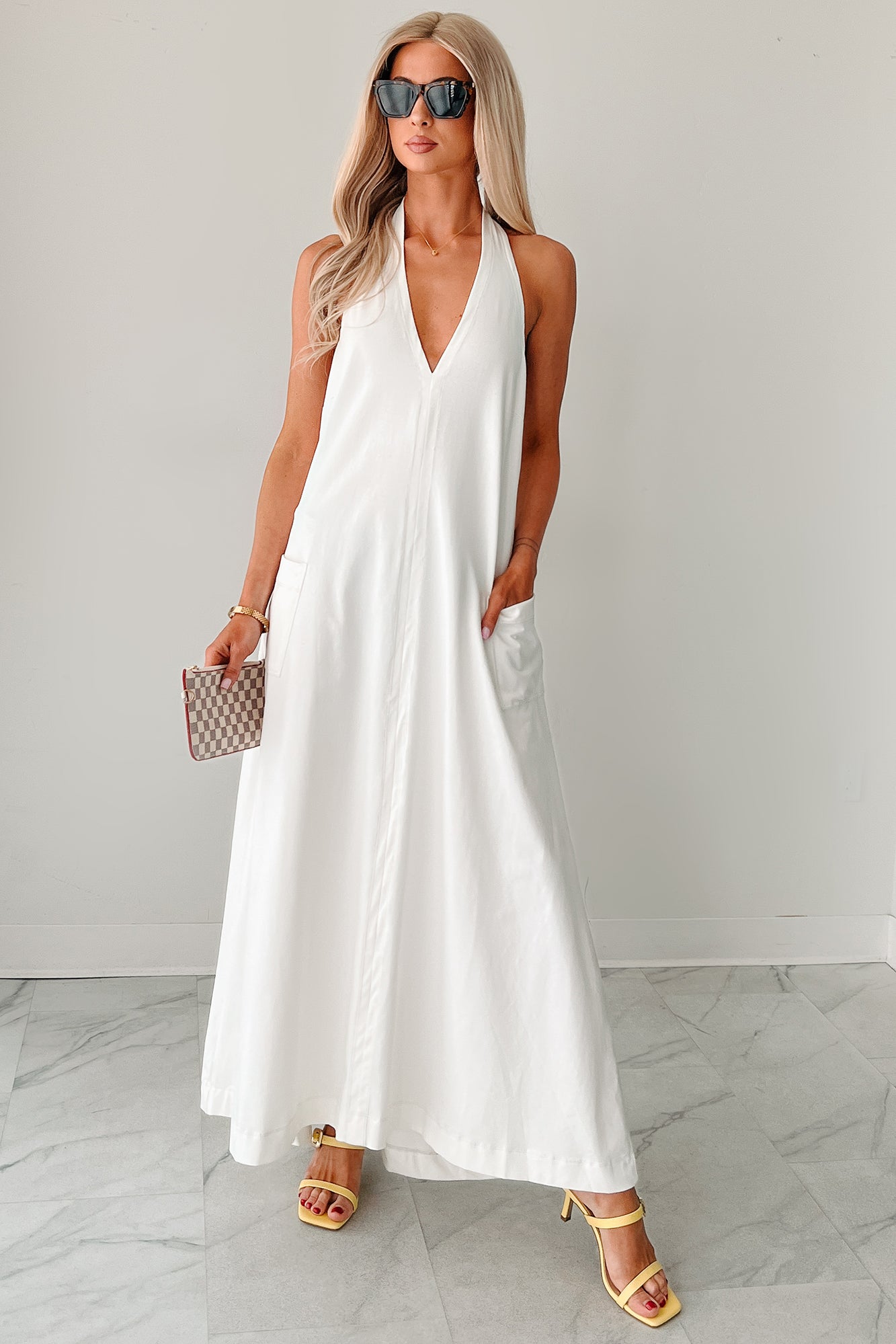 HYFVE Women's Speak Your Truth Halter Maxi Dress in Off White - Size L HYFVE Women's Speak Your Truth Halter Maxi Dress in Off White - Size L