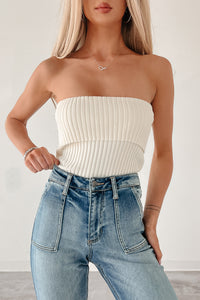 Cozy Corner Ribbed Strapless Fold Over Top (Cream) - NanaMacs
