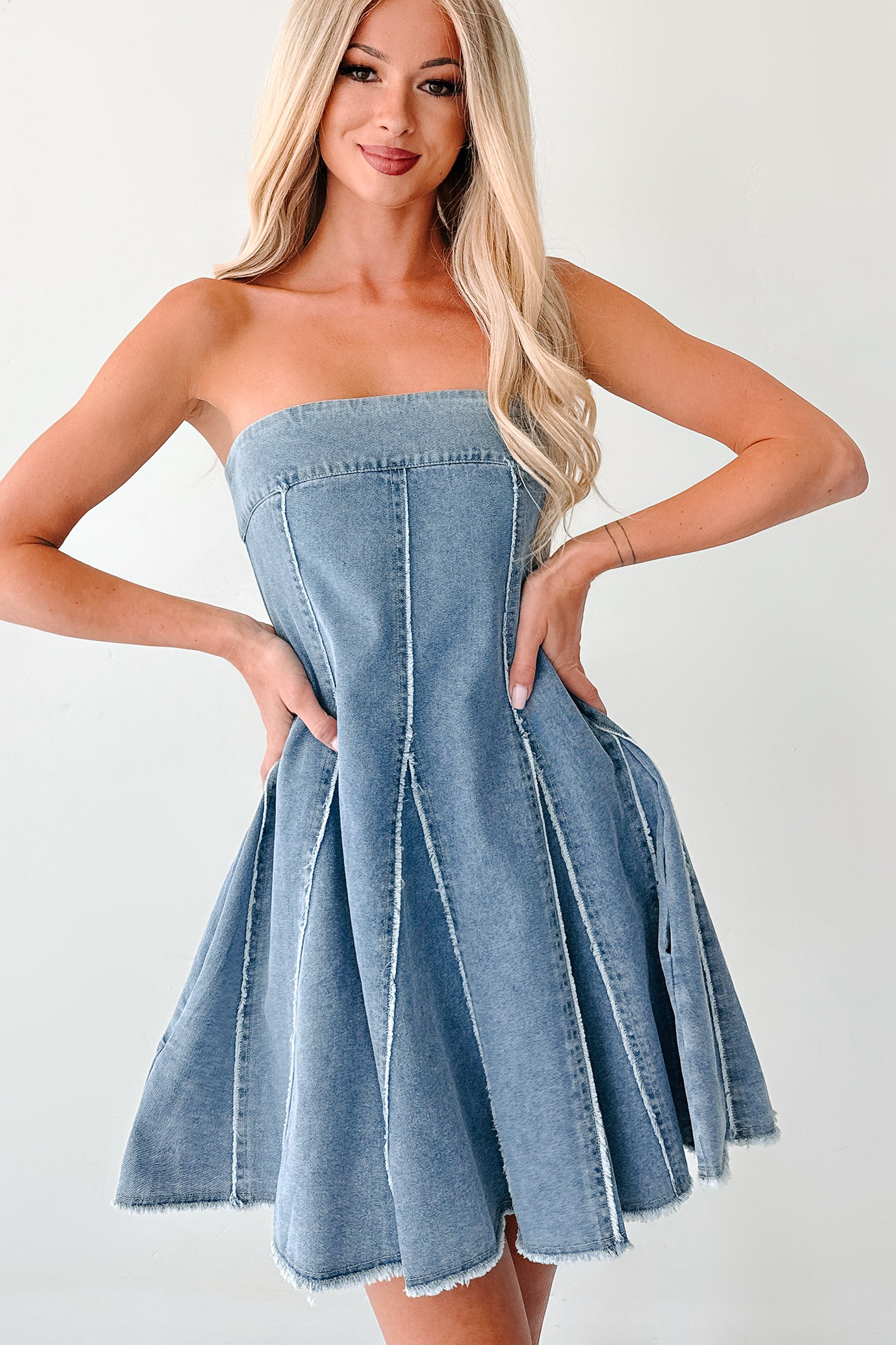 Dreamy & Driven Strapless Denim Mini Dress (Blue) - NanaMacs