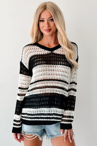 Earned My Ease Crochet Striped Knit Top (Black/White) - NanaMacs